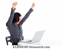 愉快, 女商人, 由于, 膝上型, computer.