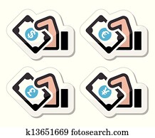 手, ∥で∥, お金, アイコン, -, ドル, ユーロ