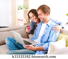 온라인의, shopping., 한 쌍, 을 사용하여, 신용 카드, 에, 인터넷 상점