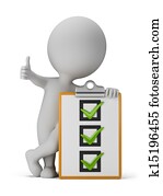 3d, pequeño, gente, con, un, lista de verificación
