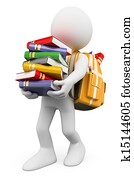 3D white people. Student carrying a stack of books 3D white people. Student carrying a stack of books