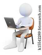 3D white people. Student in class with a laptop 3D white people. Student in class with a laptop