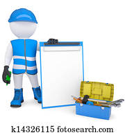 3d, לבן, איש, ב, סרבל, עם, רשימות, ו, כלים