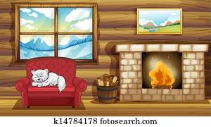 A cat sleeping at the sofa near the fireplace A cat sleeping at the sofa near the fireplace
