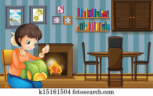 A mother sewing near the fireplace A mother sewing near the fireplace