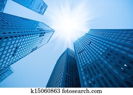 abstrakt, blaues gebäude, wolkenkratzer