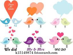 aves de amor, con, corazones, vector, conjunto