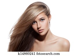 Beautiful Blond Girl. Healthy Long Hair. White Background