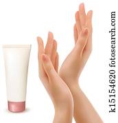 Beautiful female hands with tube of cream. Vector. Beautiful female hands with tube of cream. Vector.
