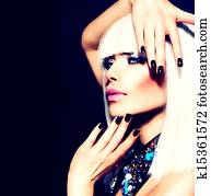 Beauty Woman with White Hair and Black Nails over Black Beauty Woman with White Hair and Black Nails over Black