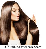 beleza, mulher, tocar, dela, longo, e, saudável, cabelo marrom