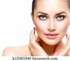 bellezza, portrait., bello, terme, donna, toccante, lei, faccia