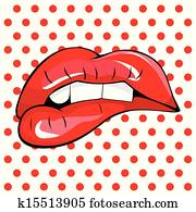 Biting her red lips teeth pop art Biting her red lips teeth pop art