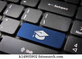 Blue graduation keyboard key, Education background Blue graduation keyboard key, Education background