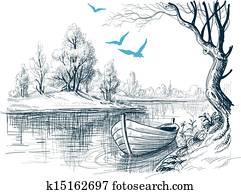 boot, auf, fluss, /, delta, vektor, skizze boot, auf, fluss, /, delta, vektor, skizze