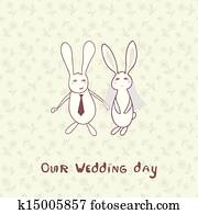Bridal shower invitation with two cute rabbits in bride and groom costumes Bridal shower invitation with two cute rabbits in bride and groom costumes
