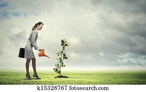 Business woman watering monet tree