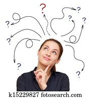Business woman with arrows and questions sign above isolated on white background Business woman with arrows and questions sign above isolated on white background