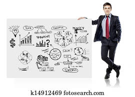 businessman in suit and business plan on white board