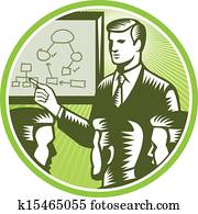 Businessman Presenting Boardroom Woodcut