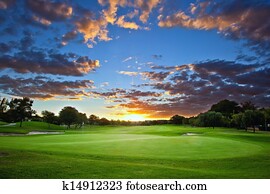 campo golfe, pôr do sol