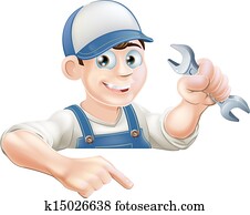 Cartoon mechanic peeking over sign Cartoon mechanic peeking over sign