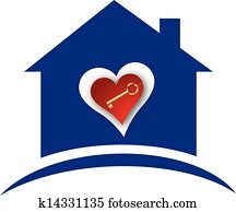 casa, corazón, y, llave oro, logotipo