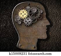 cerebro, mecanismo, engranajes, y, dientes, hecho, de, metal oxidado