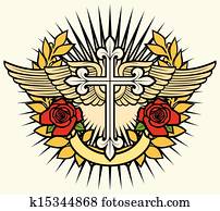 christliche, kreuz, flügeln, und, rosen