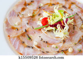 Close up of cod carpaccio.