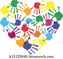 Colorful child hand prints in heart shape