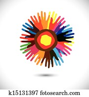 Colorful hand icons as petals of flower: happy community concept. This vector graphic illustration represents people team standing united, community unity, people helping, universal brotherhood, etc Colorful hand icons as petals of flower: happy community concept. This vector graphic illustration represents people team standing united, community unity, people helping, universal brotherhood, etc