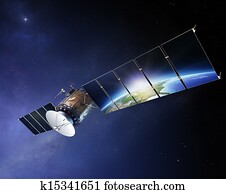 comunicações satélite, com, terra, refletir, em, solar, painéis