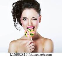 coquette., מצחיק, שונה, ברונט, עם, צבעוני, סוכריה