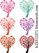 corazón, árbol, con, aves, vector