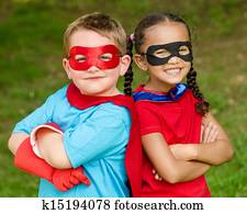 crianças, fingir, para, ser, superheroes