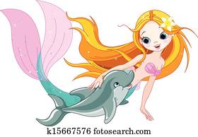 cute, sereia, e, golfinho