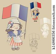 cute, sorrindo, caricatura, menina, em, sans, culottes, costum