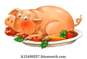 Dish of pork. Funny pig lies on a plate. Freehand drawing Dish of pork. Funny pig lies on a plate. Freehand drawing