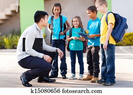 elementar, pupilas, exterior, sala aula, conversa, professor