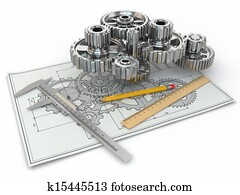 Engineering drawing. Gear, trammel, pencil and draft. Engineering drawing. Gear, trammel, pencil and draft.