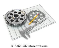 Engineering drawing. Gear, trammel, pencil and draft. Engineering drawing. Gear, trammel, pencil and draft.