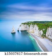 Etretat Aval cliff and rocks landmark and ocean . Normandy, France.