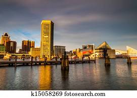 Evening light on the Baltimore skyline, seen from the Inner Harbor.