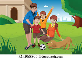 familia feliz, con, mascotas