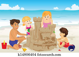 Family building sand castle
