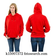 Female wearing blank red hoodie