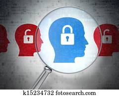 Finance concept: magnifying optical glass with Head Whis Padlock icons on digital background, 3d render