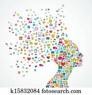 frau, kopf, silhouette, gemacht, mit, soziales, medien, heiligenbilder, spritzen, begriff, illustration., eps10, vektor, datei, geordneter, in, schichten, für, leicht, editing. frau, kopf, silhouette, gemacht, mit, soziales, medien, heiligenbilder, spritzen, begriff, illustration., eps10, vektor, datei, geordneter, in, schichten, für, leicht, editing.