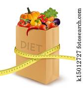 Fresh vegetables in a paper grocery bag with measuring tape. Concept of diet. Vector